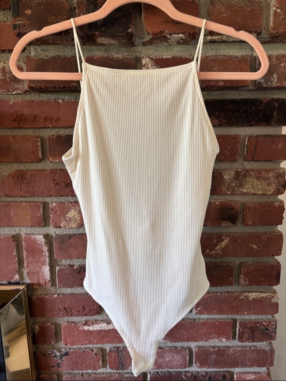 H&M Women’s Ribbed Ivory Bodysuit Tank Spaghetti Straps Scoop Back Square Neck S